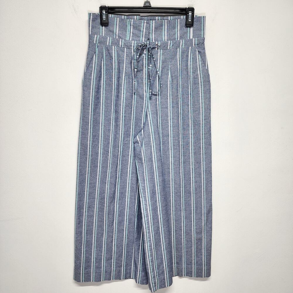 7th Avenue Womens Wide Leg Pants Size 6 Blue Stripe Cropped Tie Waist Coastal